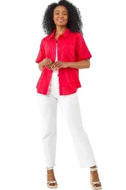 Blouses & Shirts>Roman Coral Petite Jacquard One Pocket Shirt