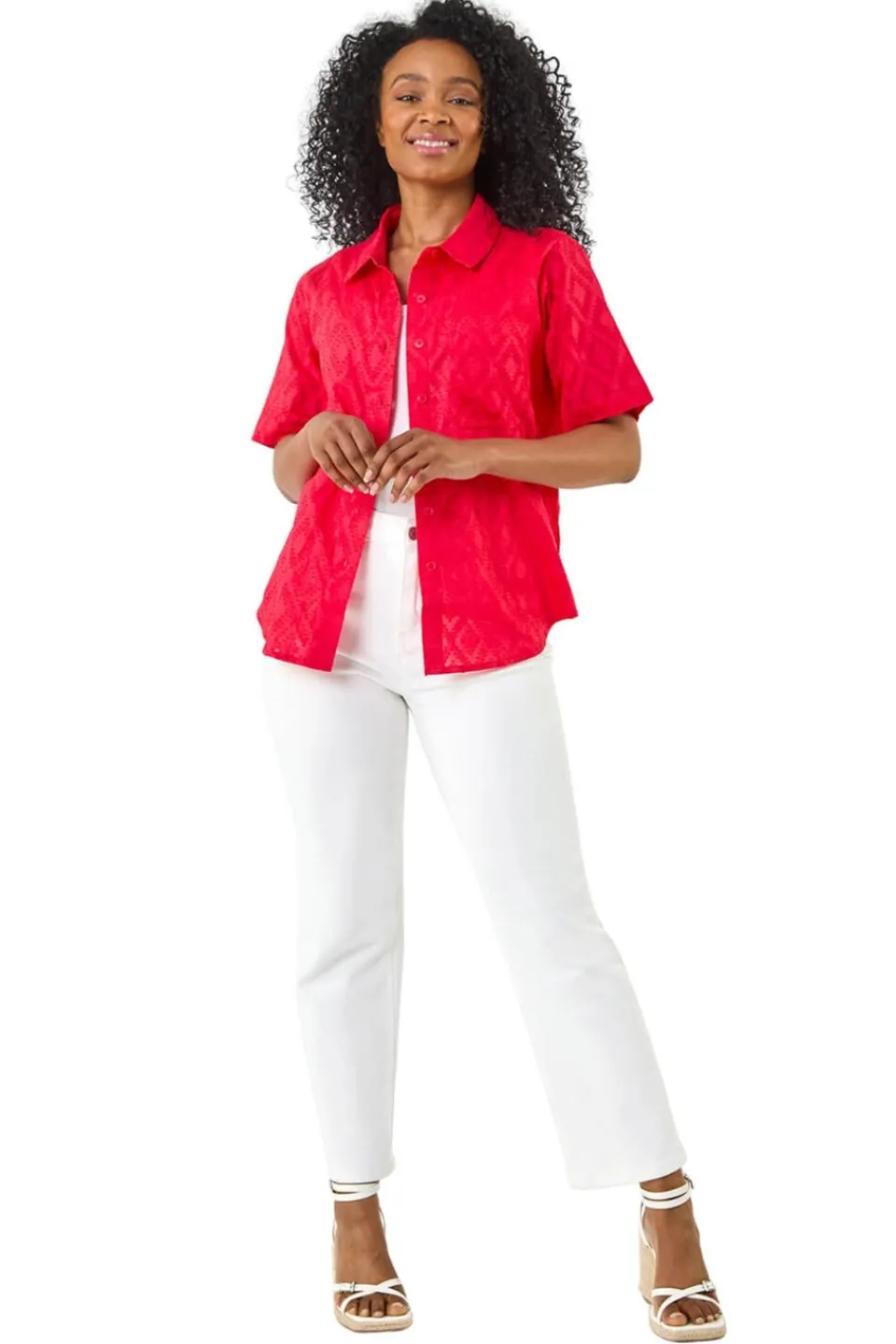 Blouses & Shirts>Roman Coral Petite Jacquard One Pocket Shirt