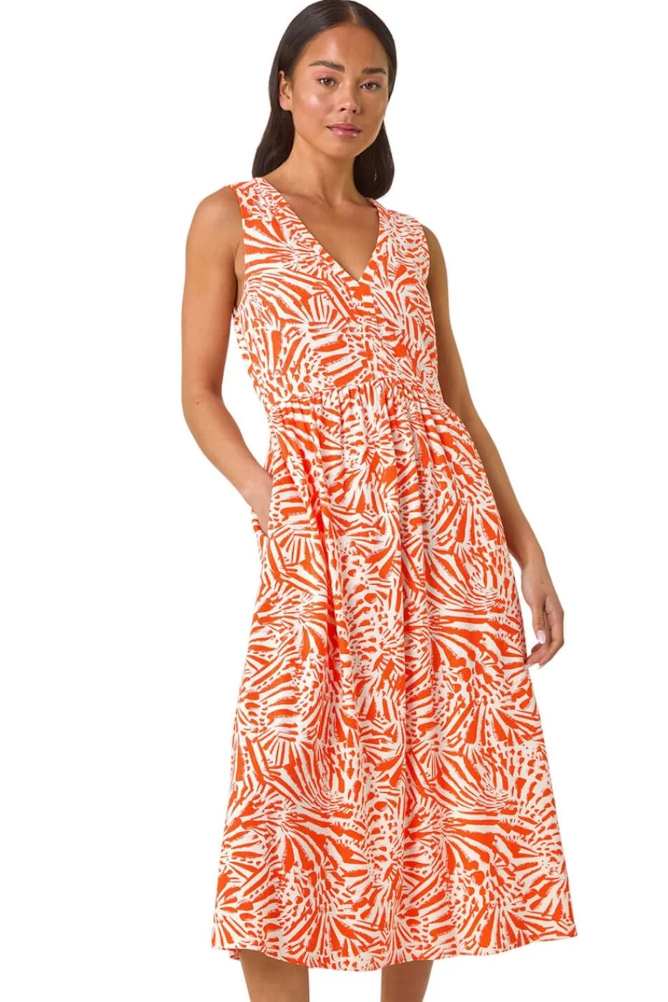 Dresses>Roman Coral Petite Linen Mix Midi Dress