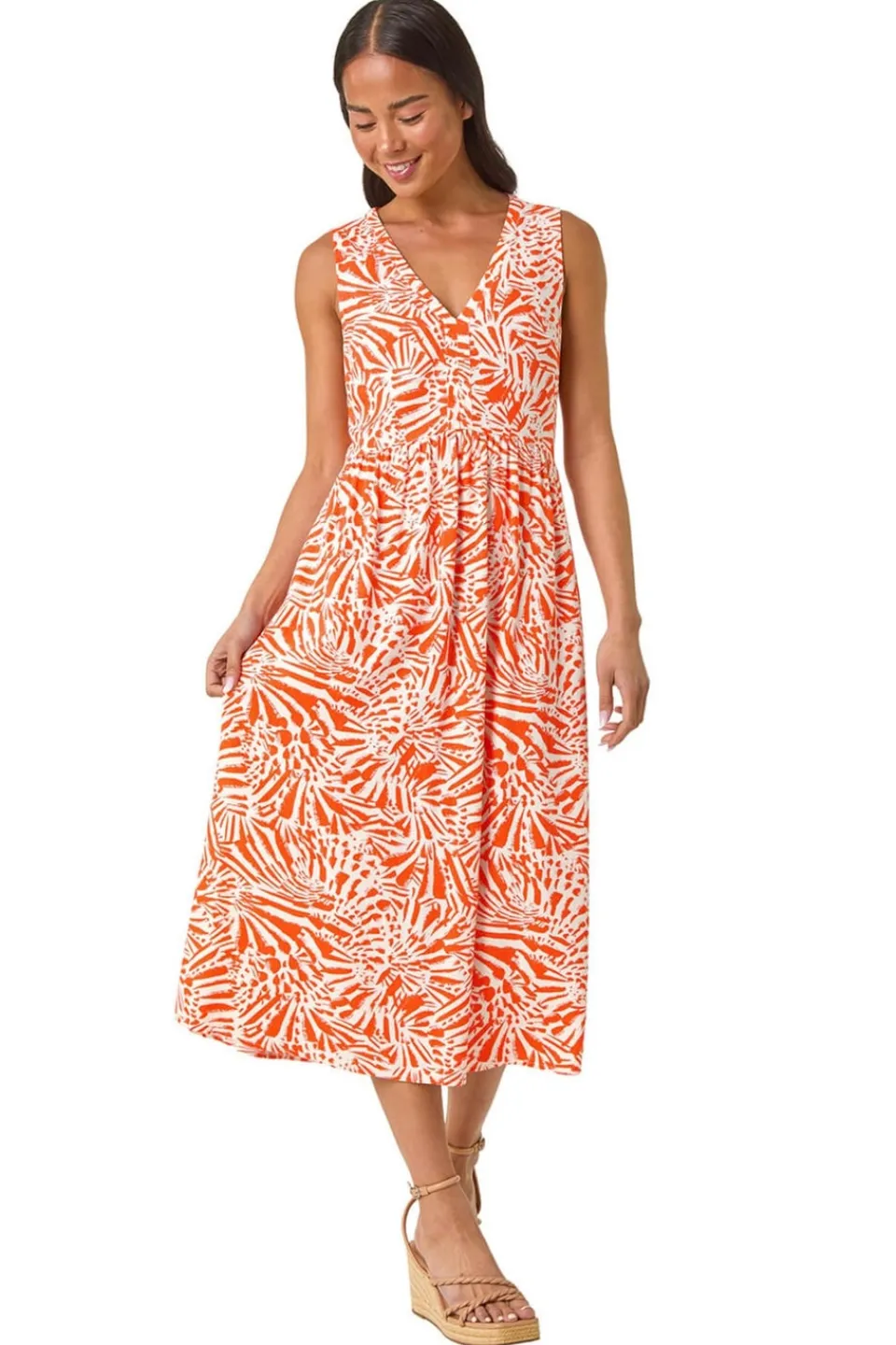 Dresses>Roman Coral Petite Linen Mix Midi Dress