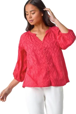 Tops>Roman Coral Petite Textured  V-Neck Cotton Blouse