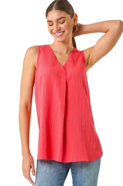 Tops>Roman Coral Textured Pleat Front Vest Top