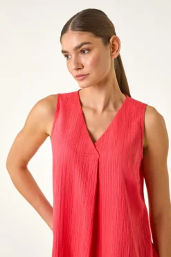 Tops>Roman Coral Textured Pleat Front Vest Top