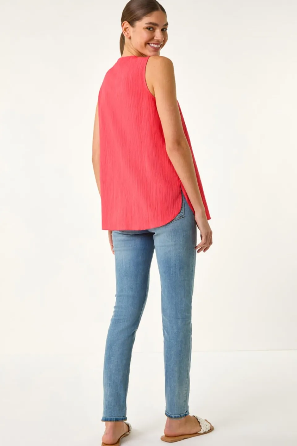 Tops>Roman Coral Textured Pleat Front Vest Top