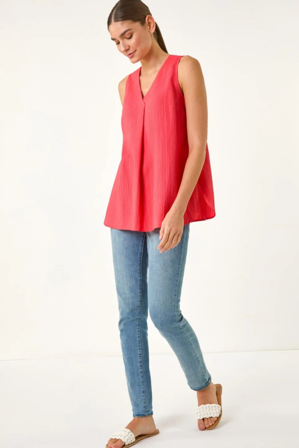 Tops>Roman Coral Textured Pleat Front Vest Top