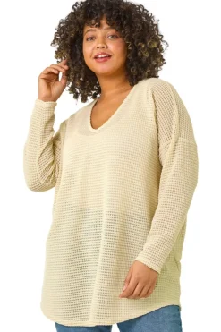 Tops>Roman Cream Curve Textured Knit V-Neck Tunic