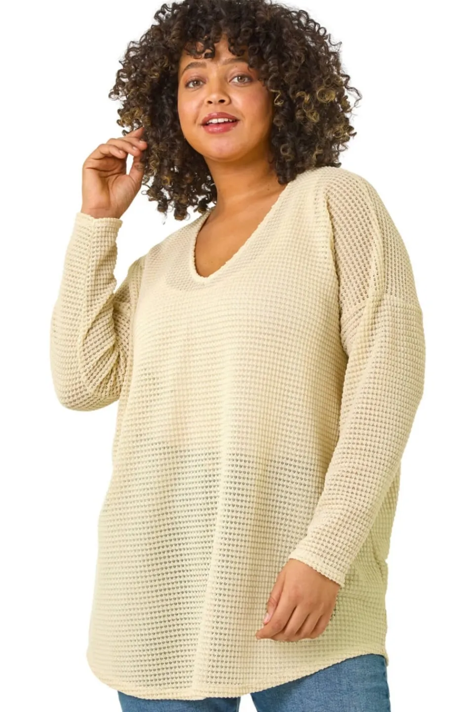 Tops>Roman Cream Curve Textured Knit V-Neck Tunic