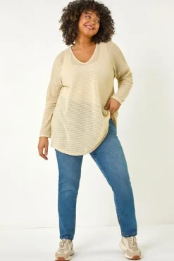 Tops>Roman Cream Curve Textured Knit V-Neck Tunic