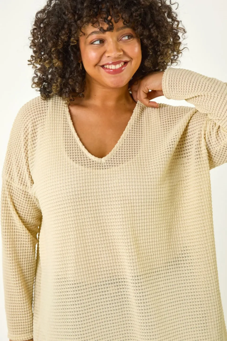Tops>Roman Cream Curve Textured Knit V-Neck Tunic
