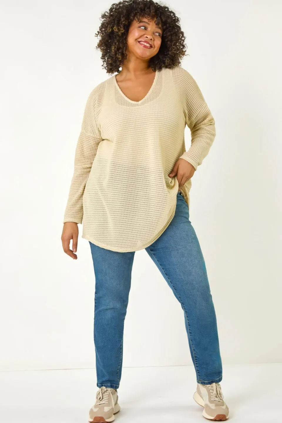 Tops>Roman Cream Curve Textured Knit V-Neck Tunic