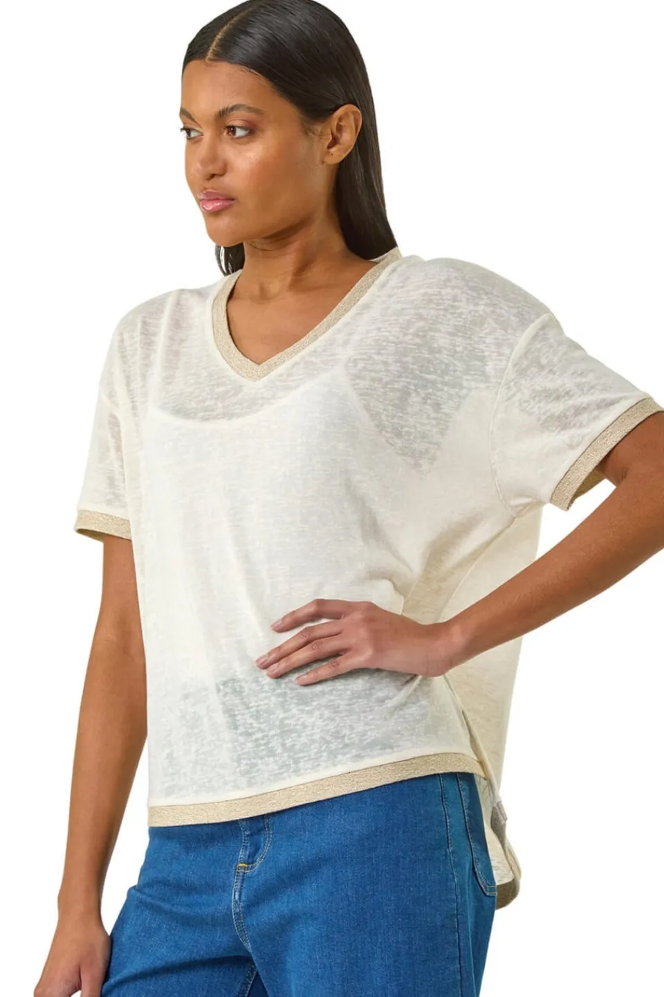 T-Shirts>Roman Cream Metallic Trim V-Neck T-Shirt