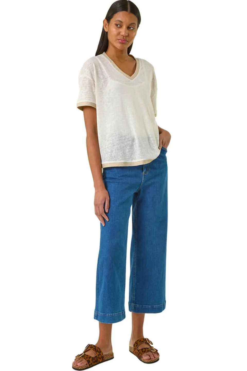 T-Shirts>Roman Cream Metallic Trim V-Neck T-Shirt
