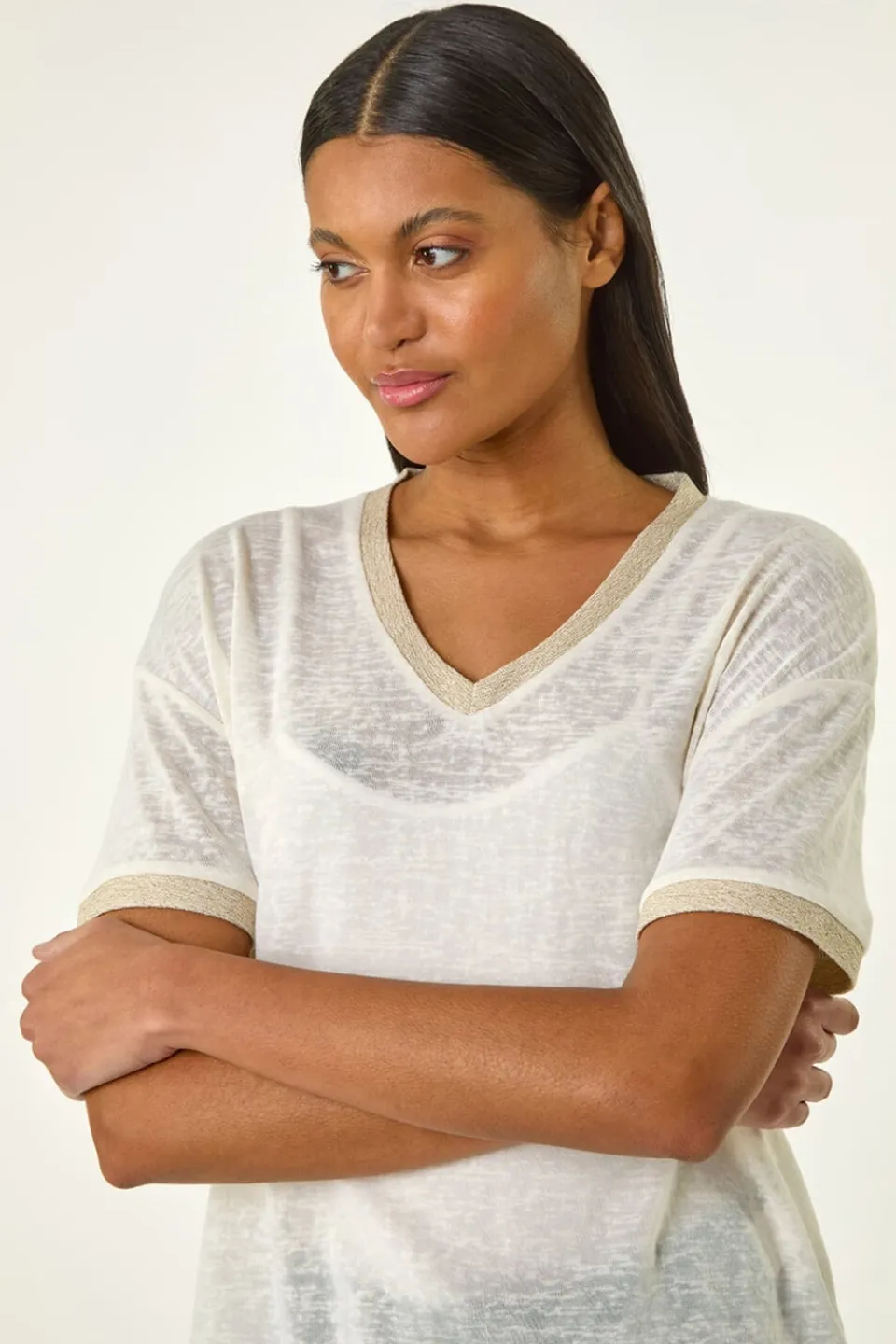 T-Shirts>Roman Cream Metallic Trim V-Neck T-Shirt