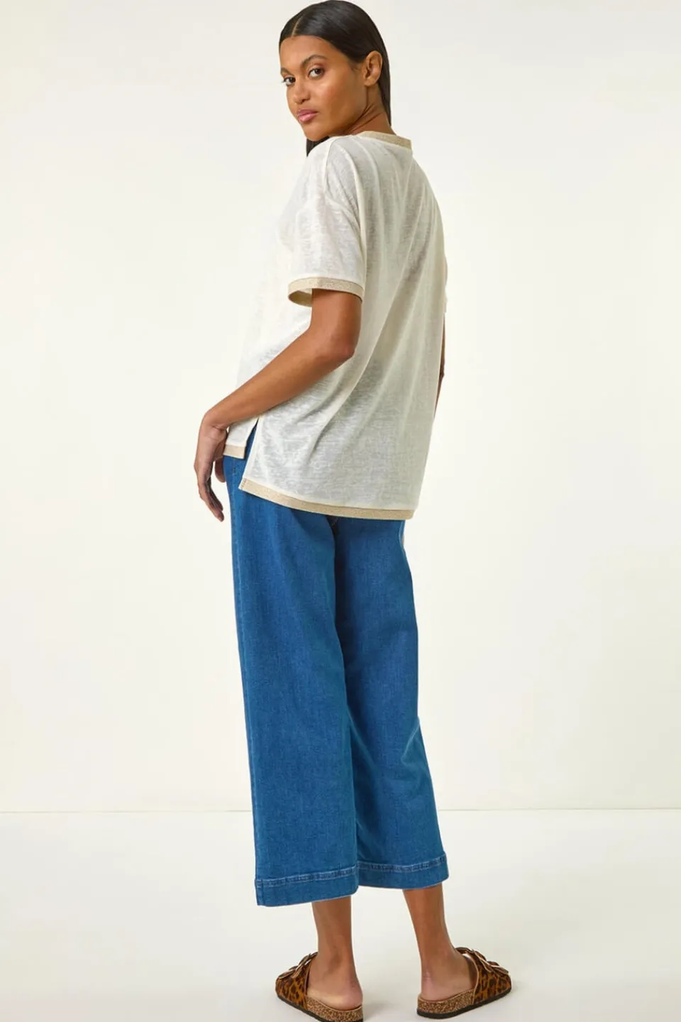T-Shirts>Roman Cream Metallic Trim V-Neck T-Shirt