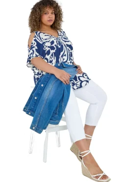 Tops>Roman Curve Navy Floral Print Cold Shoulder Top
