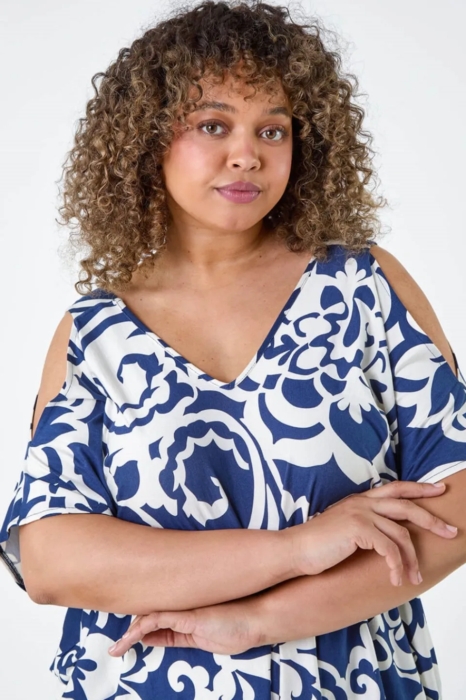 Tops>Roman Curve Navy Floral Print Cold Shoulder Top