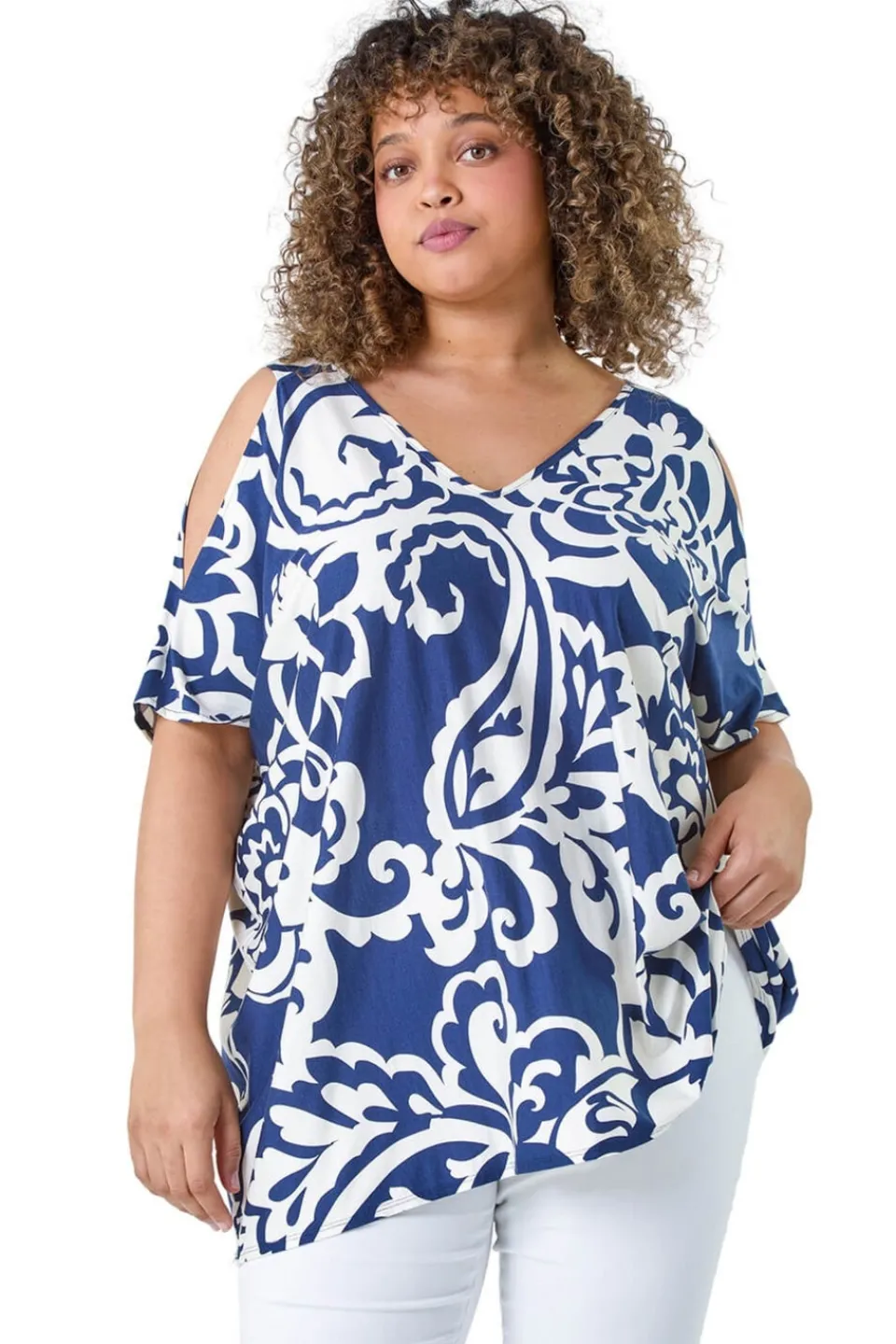 Tops>Roman Curve Navy Floral Print Cold Shoulder Top