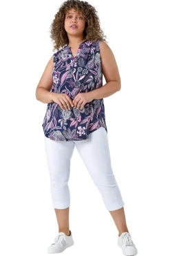 Tops>Roman Curve Pink Textured Floral Print Stretch Top