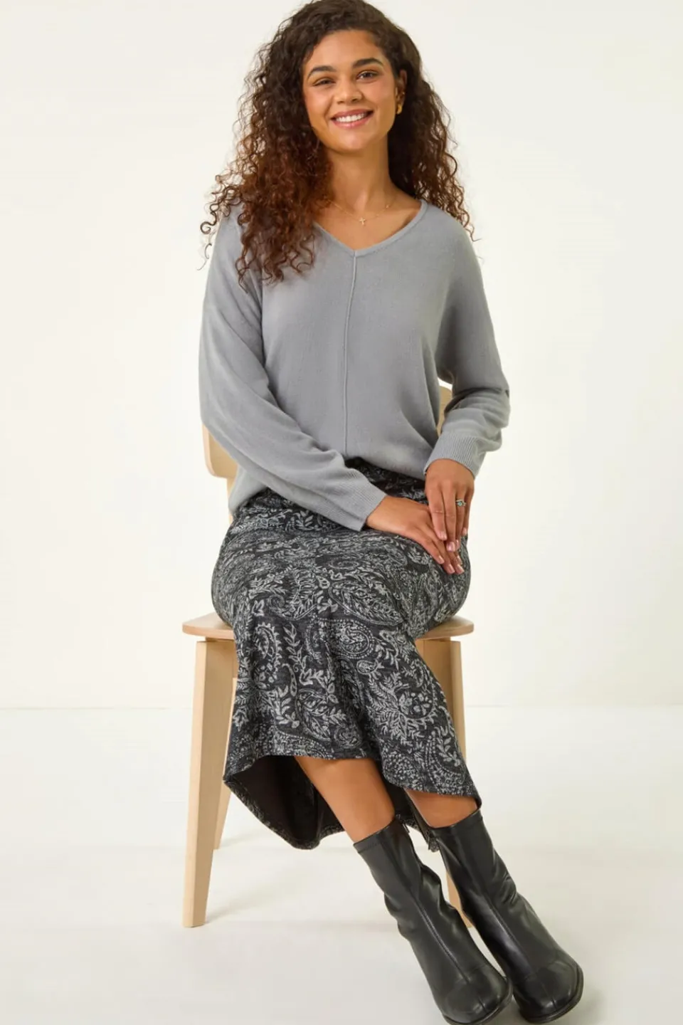 Skirts>Roman Dark Grey Leaf Print Paneled Tulip Skirt