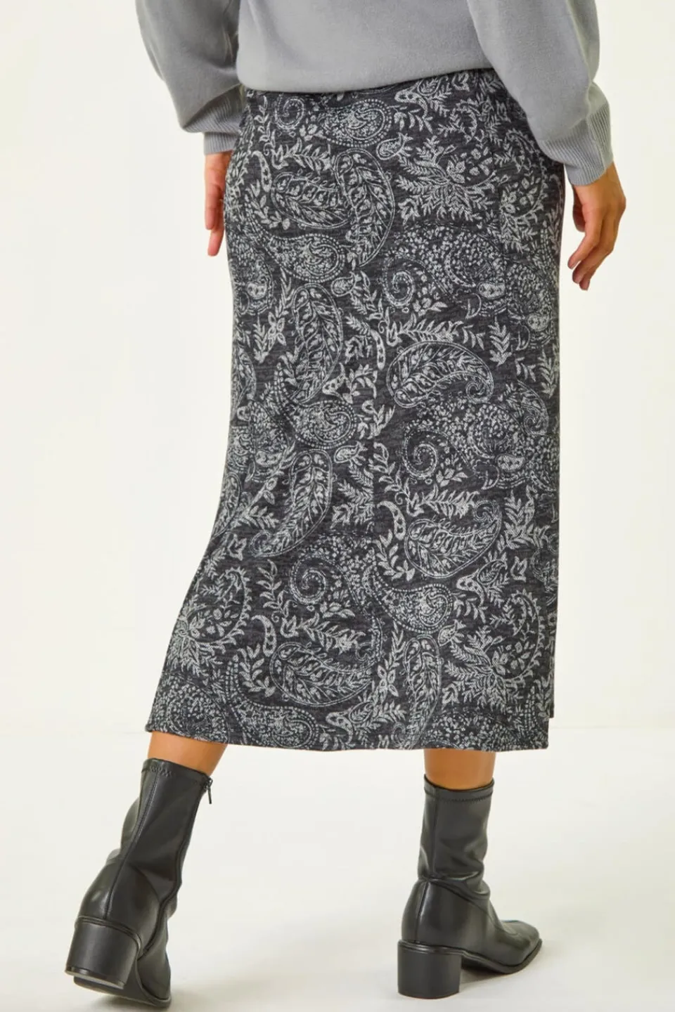 Skirts>Roman Dark Grey Leaf Print Paneled Tulip Skirt