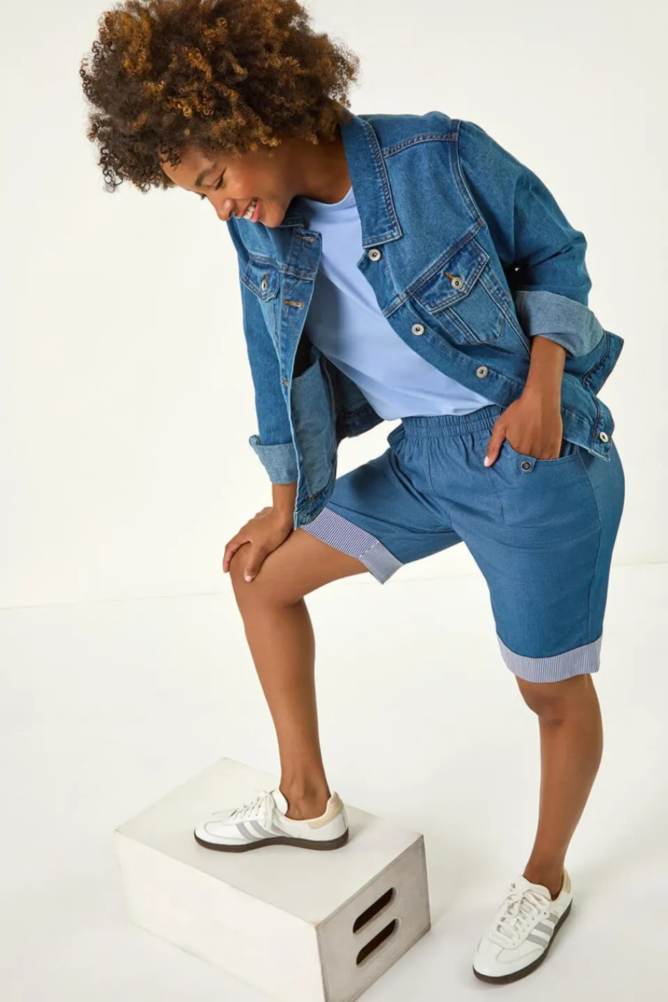 Shorts>Roman Denim Bengaline Turn Up Stripe Stretch Shorts