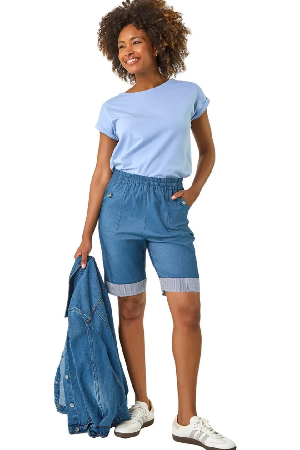 Shorts>Roman Denim Bengaline Turn Up Stripe Stretch Shorts