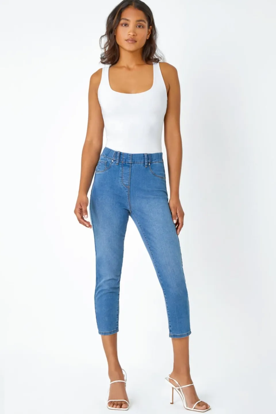 Jeans & Jeggings>Roman Denim Blue Cropped Stretch Denim Jegging DenimBlue