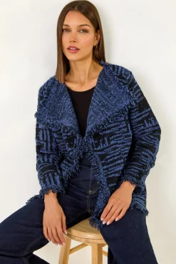 Tops>Roman Denim Blue Textured Fringe Collar Detail Cardigan DenimBlue