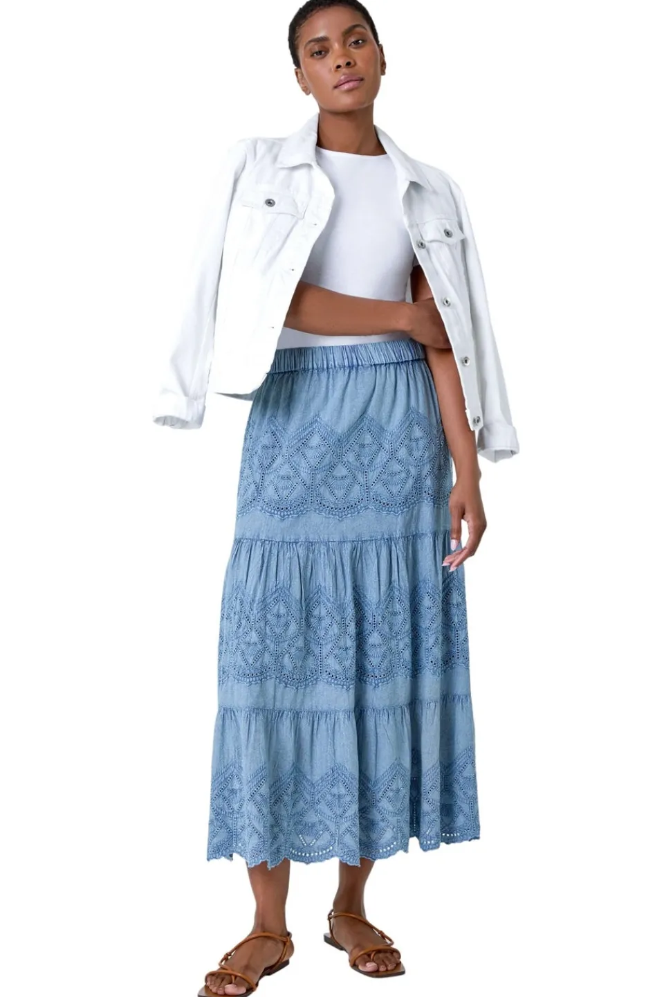Skirts>Roman Broderie Elastic Waist A Line Tiered Midi Skirt Denim