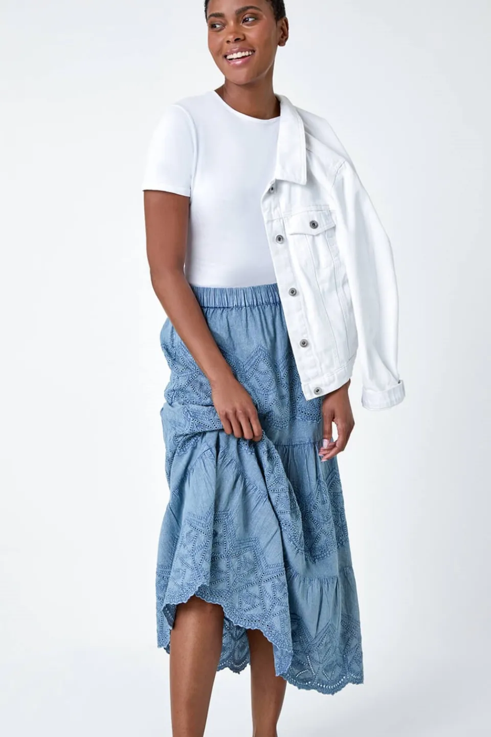 Skirts>Roman Broderie Elastic Waist A Line Tiered Midi Skirt Denim