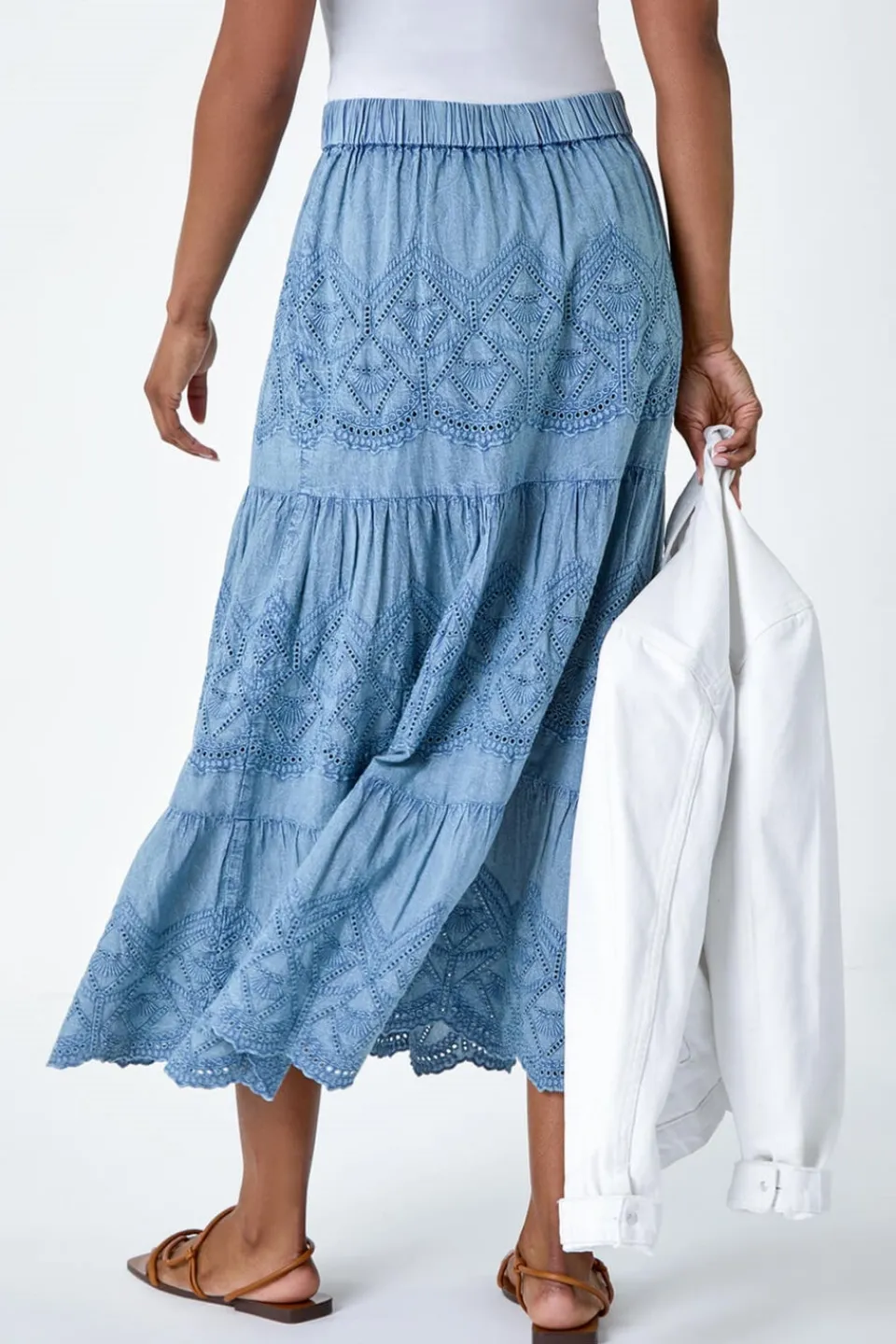 Skirts>Roman Broderie Elastic Waist A Line Tiered Midi Skirt Denim