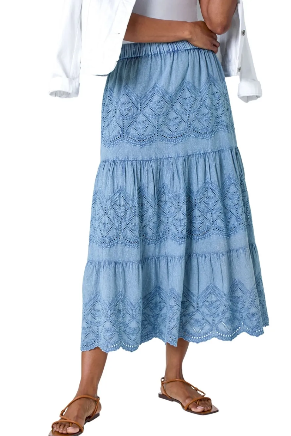 Skirts>Roman Broderie Elastic Waist A Line Tiered Midi Skirt Denim