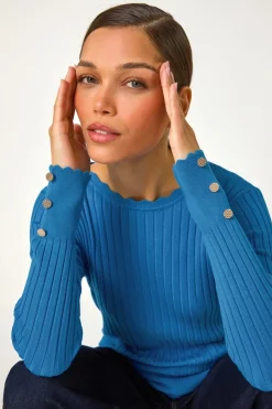 Tops>Roman Button Detail Ribbed Longline Jumper Denim