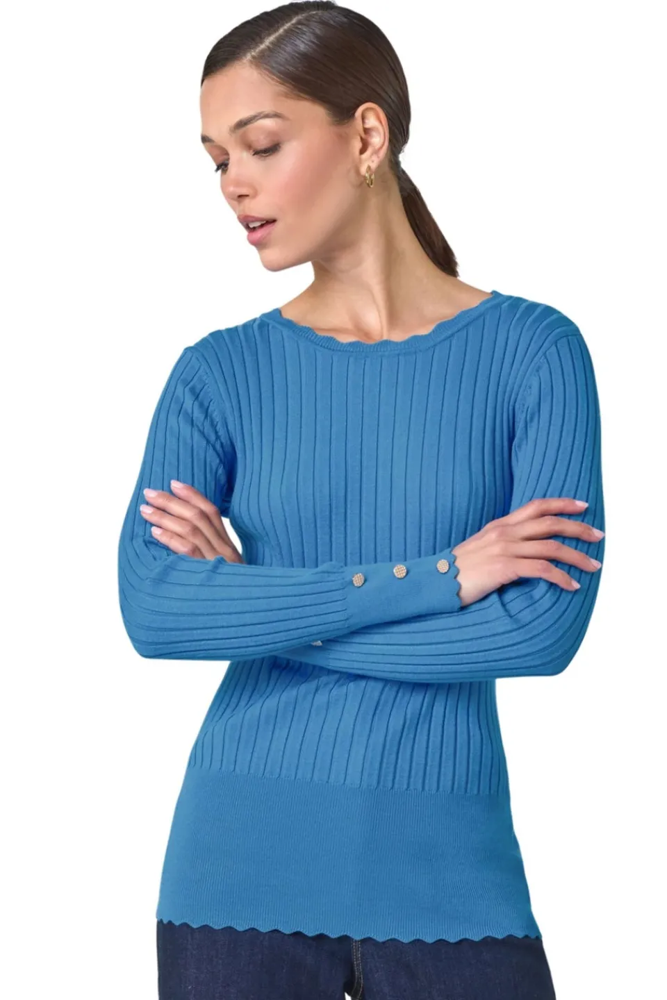 Tops>Roman Button Detail Ribbed Longline Jumper Denim