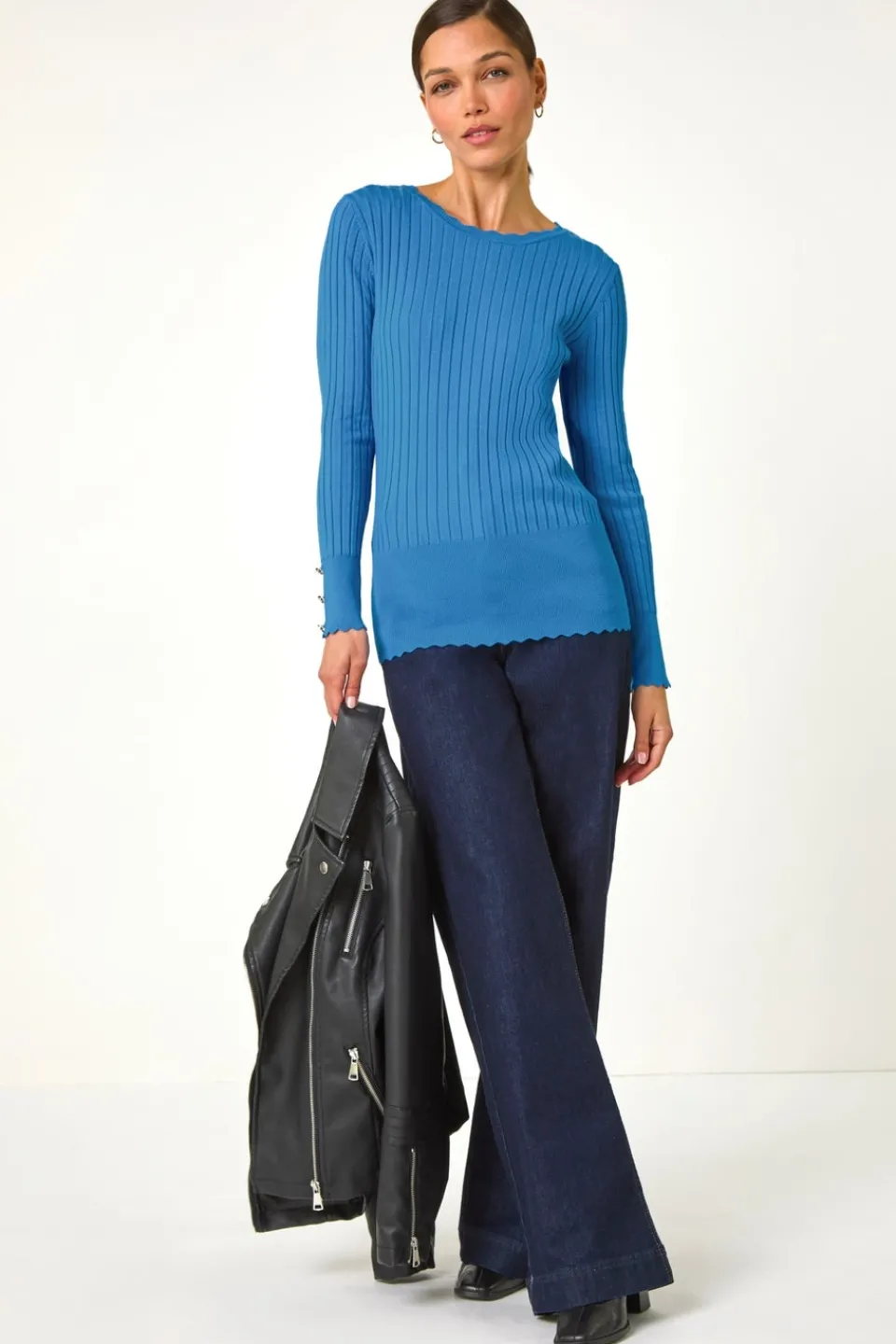 Tops>Roman Button Detail Ribbed Longline Jumper Denim