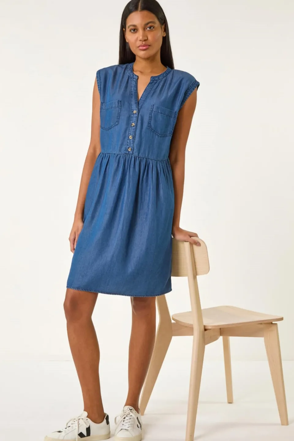 Dresses>Roman Denim Button Detail Gathered Dress