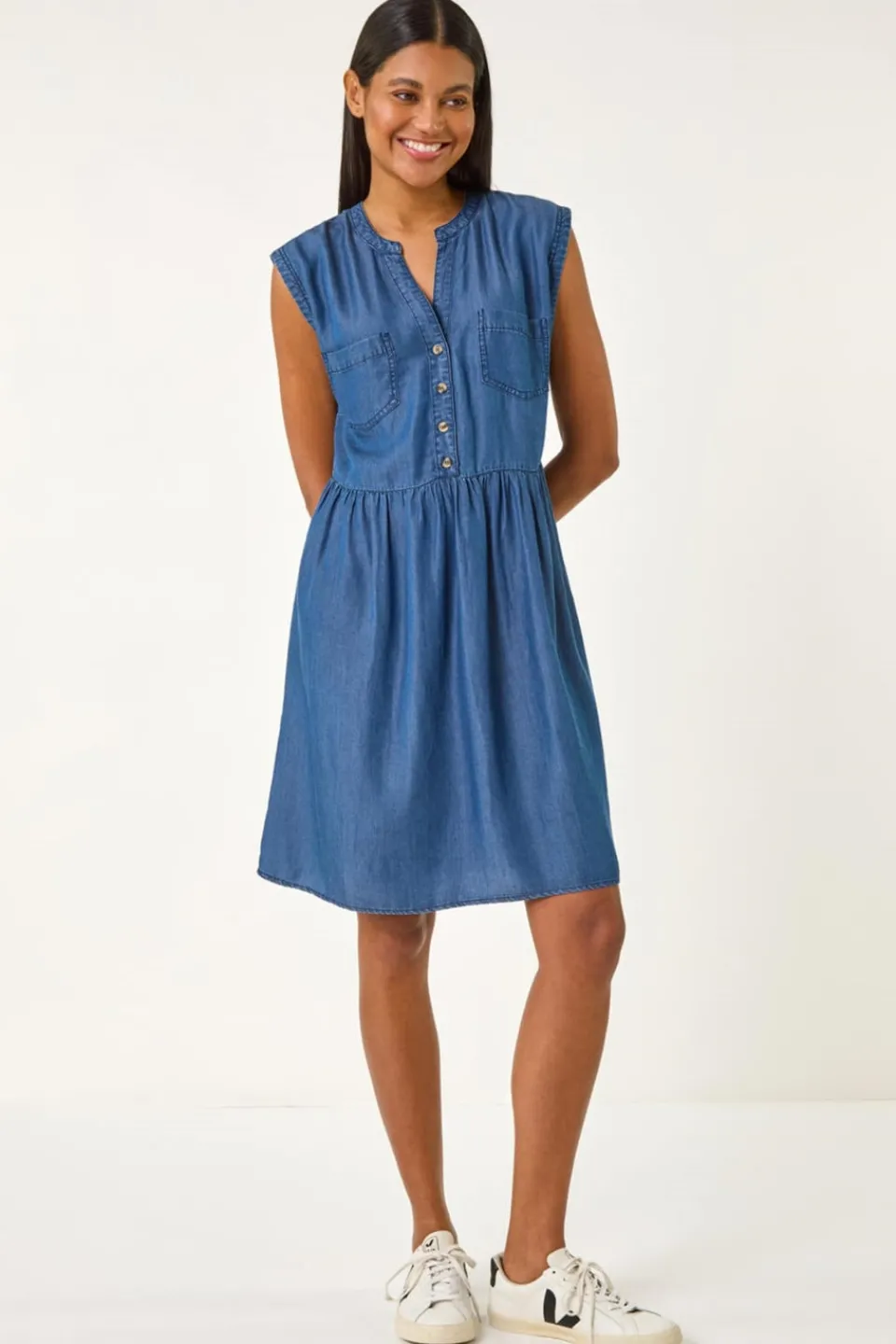 Dresses>Roman Denim Button Detail Gathered Dress