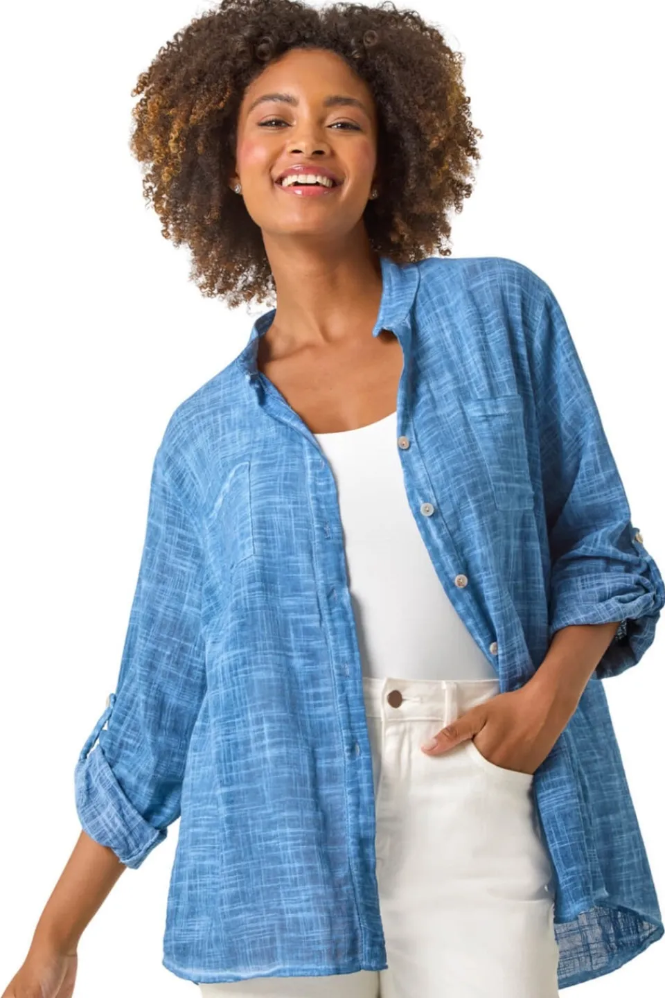 Blouses & Shirts>Roman Denim Cotton Button Through Shirt