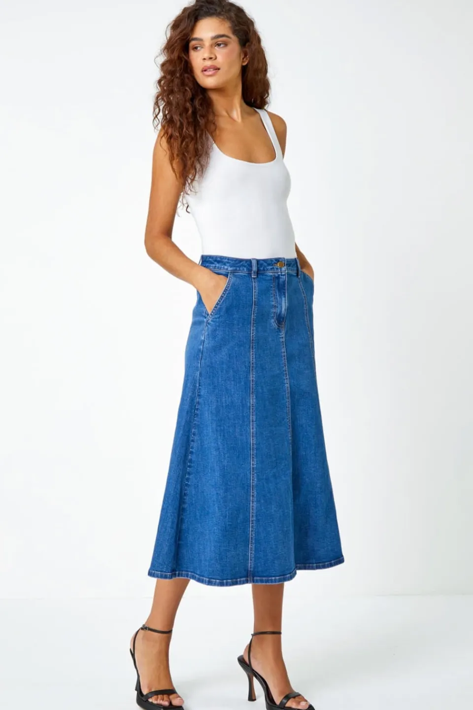 Skirts>Roman Denim Cotton Denim Panelled Midi Skirt