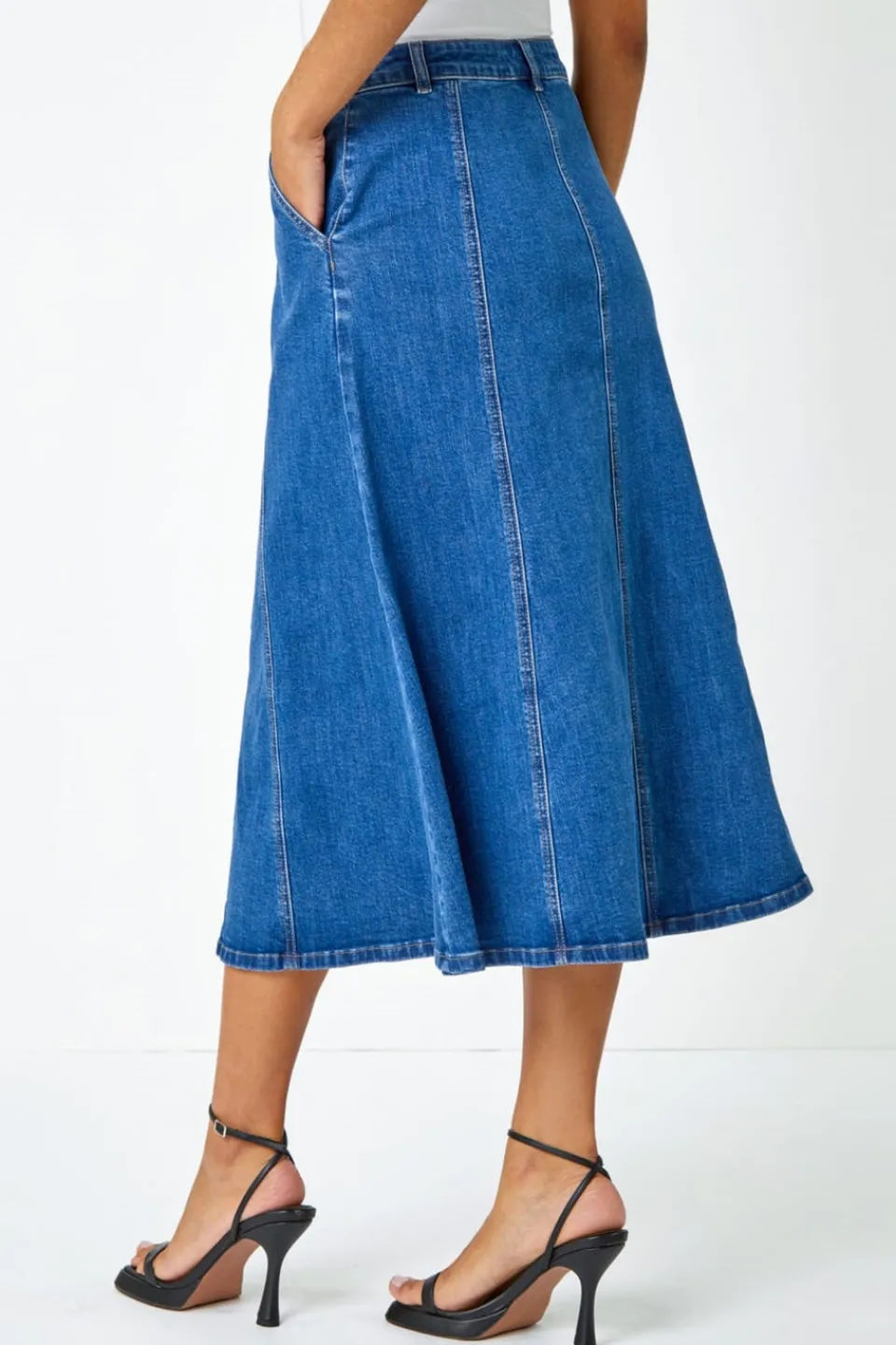 Skirts>Roman Denim Cotton Denim Panelled Midi Skirt