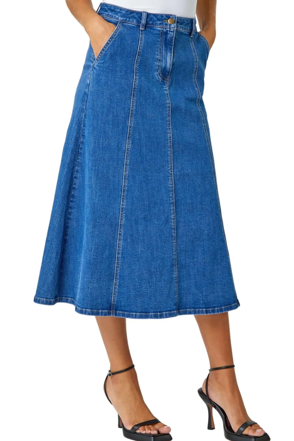 Skirts>Roman Denim Cotton Denim Panelled Midi Skirt