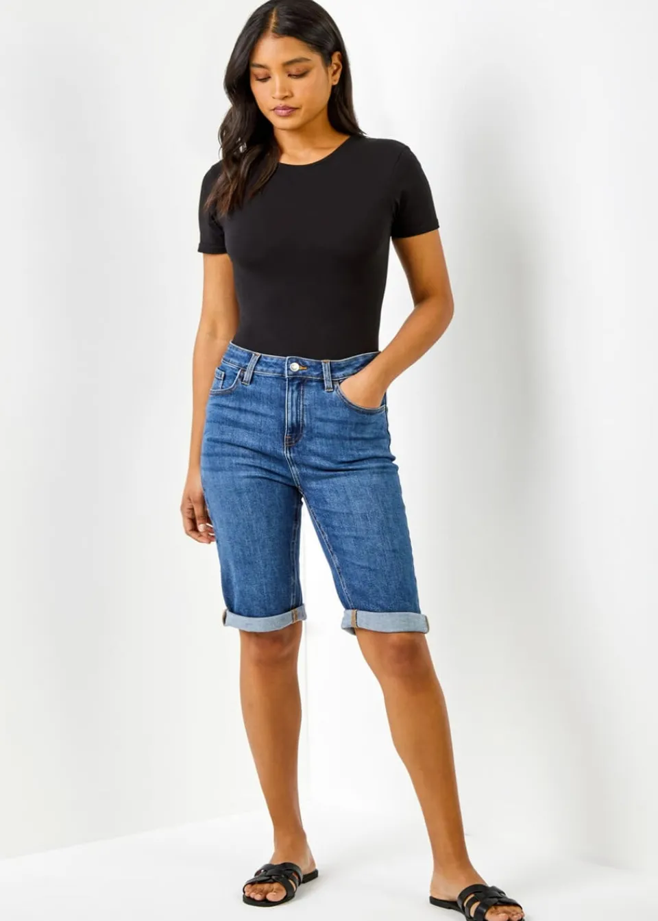 Shorts>Roman Denim Essential Stretch Knee Length Shorts Demin
