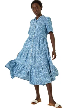 Dresses>Roman Denim Floral Print Denim Smock Dress
