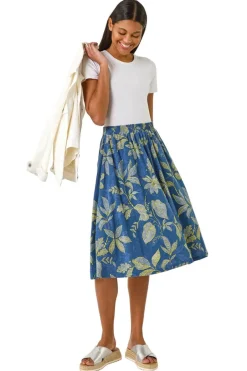 Skirts>Roman Denim Leaf Print A-Line Skirt