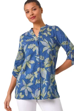 Tops>Roman Denim Leaf Print Cotton Blouse