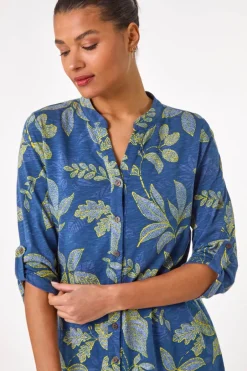 Tops>Roman Denim Leaf Print Cotton Blouse