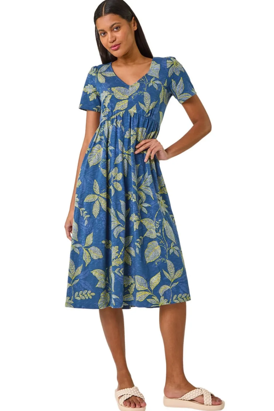 Dresses>Roman Denim Leaf Print Stretch Midi Dress