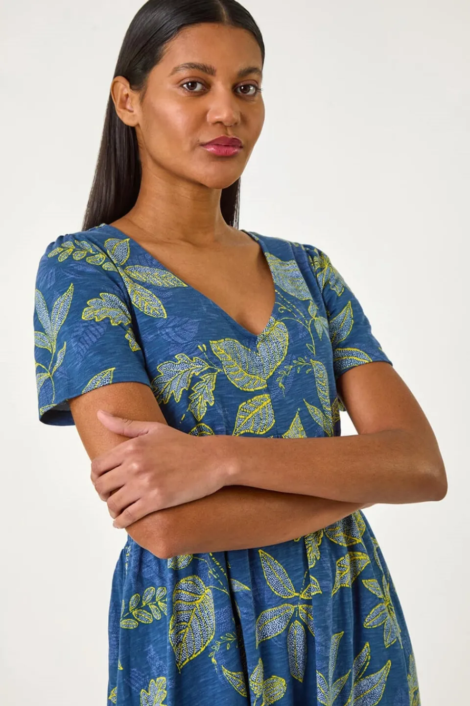 Dresses>Roman Denim Leaf Print Stretch Midi Dress