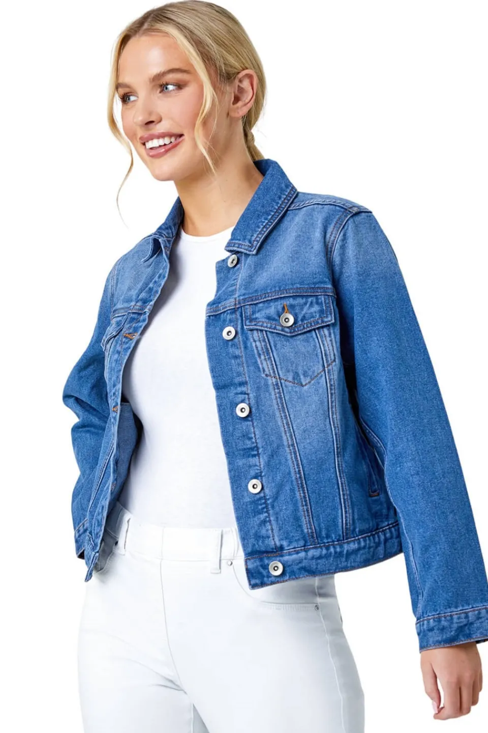 Coats & Jackets>Roman Denim Petite Bleached Denim Jacket