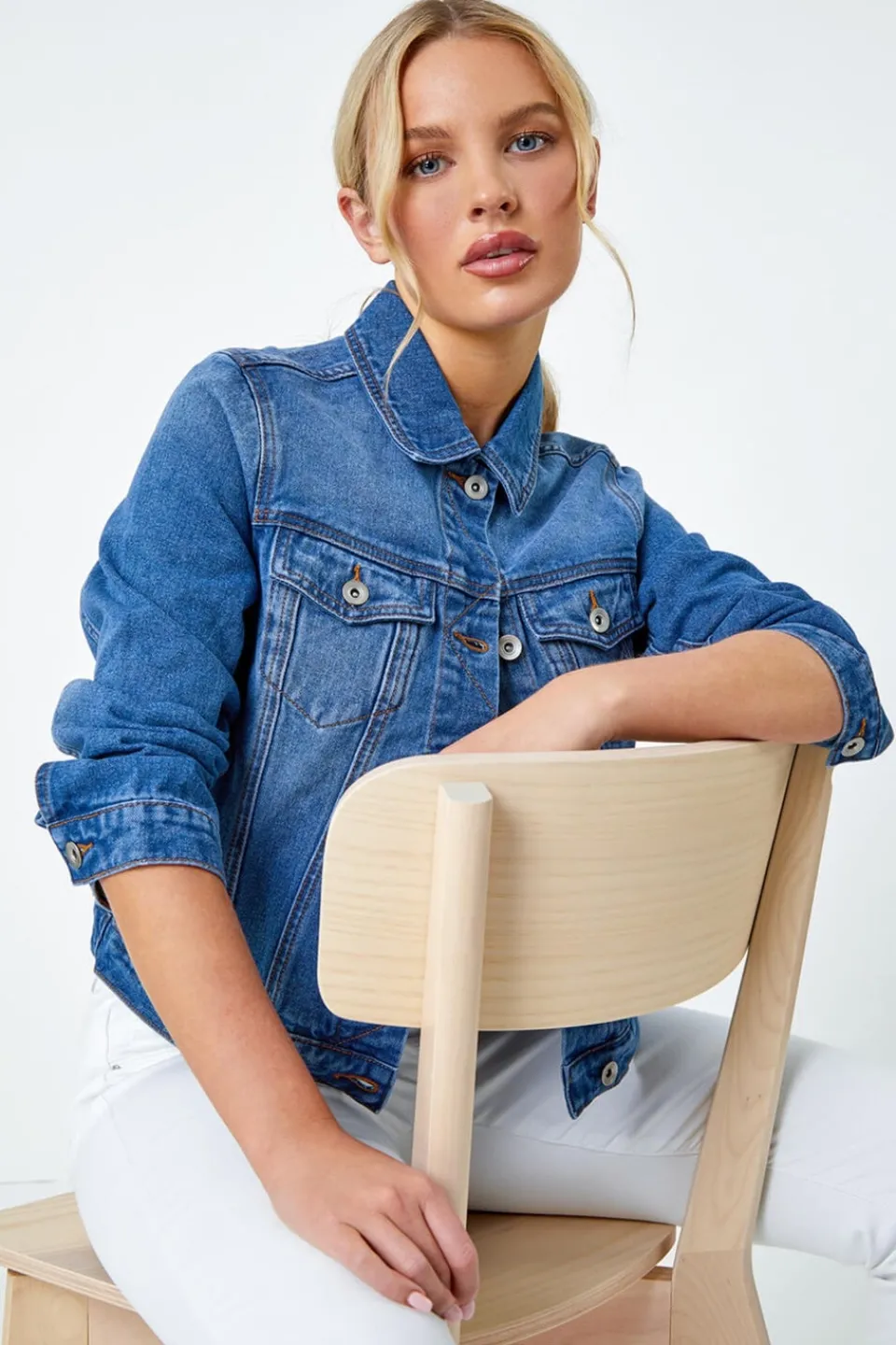Coats & Jackets>Roman Denim Petite Bleached Denim Jacket